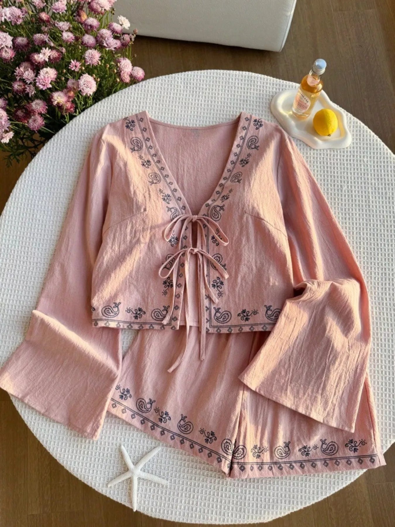 Women's Embroidered Tie Front Top and Shorts Set - Pink Matching Sets