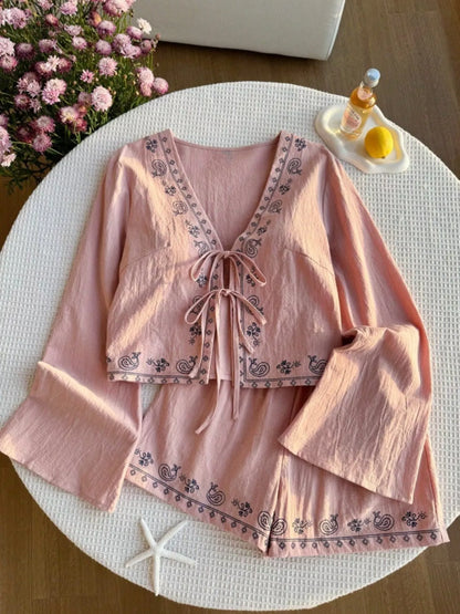 Women's Embroidered Tie Front Top and Shorts Set - Pink Matching Sets