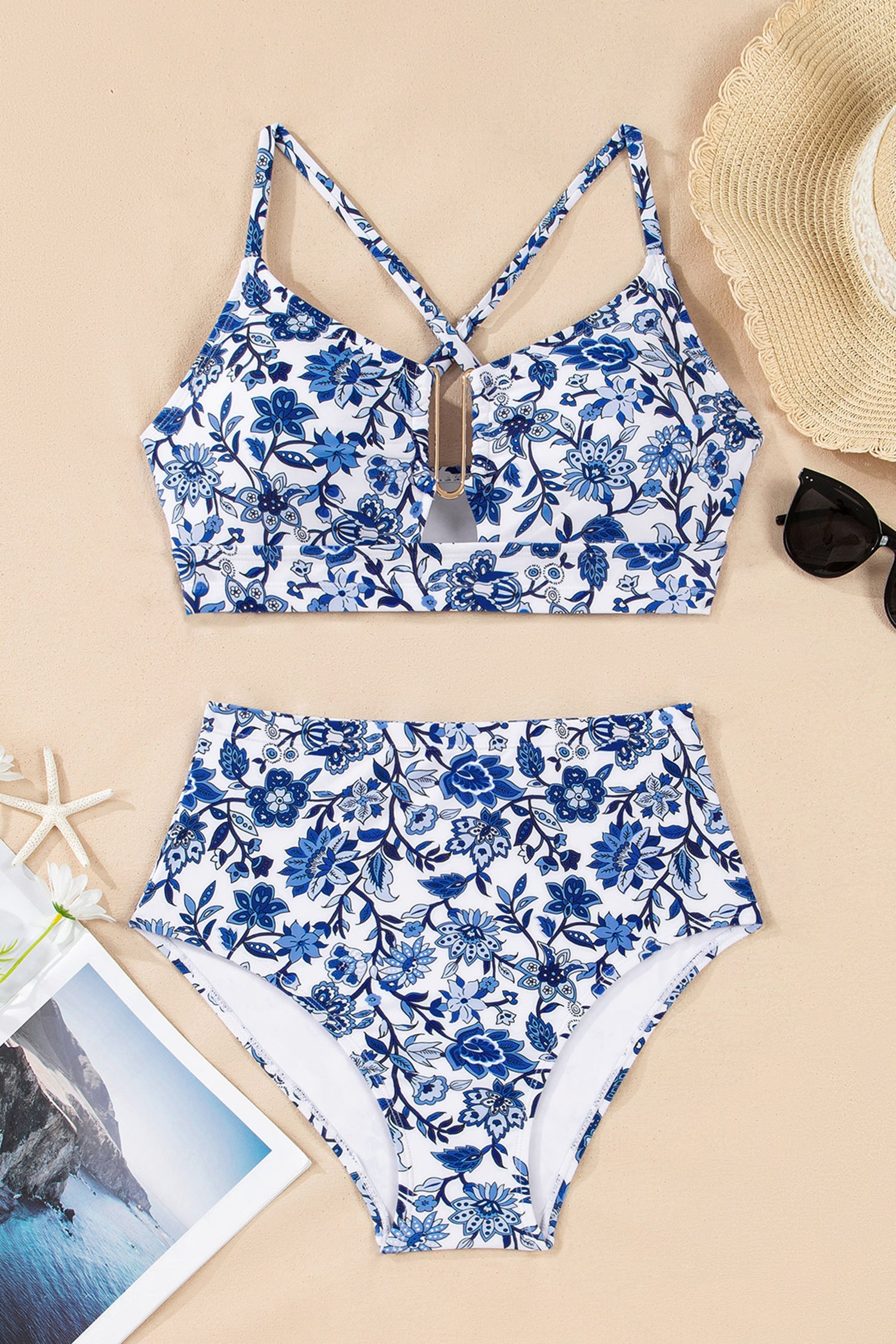 Swimwear High-Waisted Two-Piece Bikini Floral Print Keyhole — Chic Beach Style - Swimwear/Bikinis