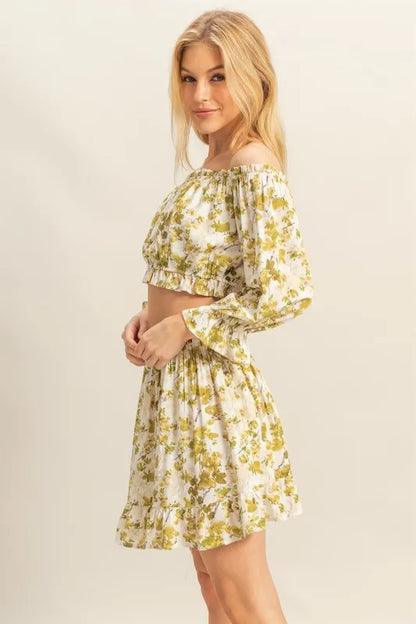 Floral Off-Shoulder Flounce Sleeve Top And Skirt Set – outfit idea for women | Ro + Ivy