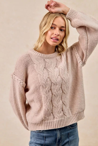 Cable Knit Crewneck Sweater with Braided Detail | Trendy Sweaters Outfit Idea for Women by Ro + Ivy | Elevated Basics, Modern Comfort & Style