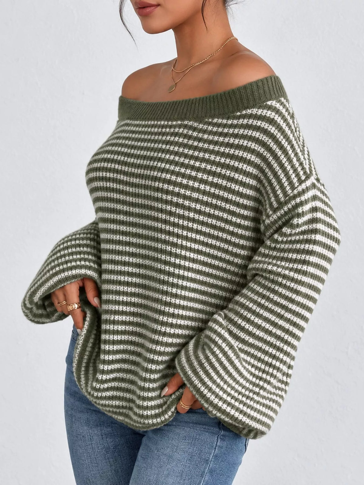 Oversized Striped Ribbed Knit Sweater with Boat Neck