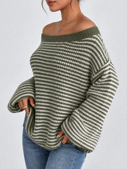 Oversized Striped Ribbed Knit Sweater with Boat Neck