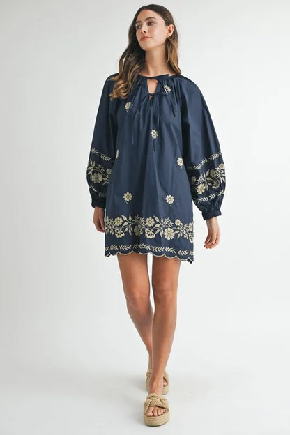 Embroidered Long Sleeve Peasant Mini Dress – outfit idea for women | Ro + Ivy
