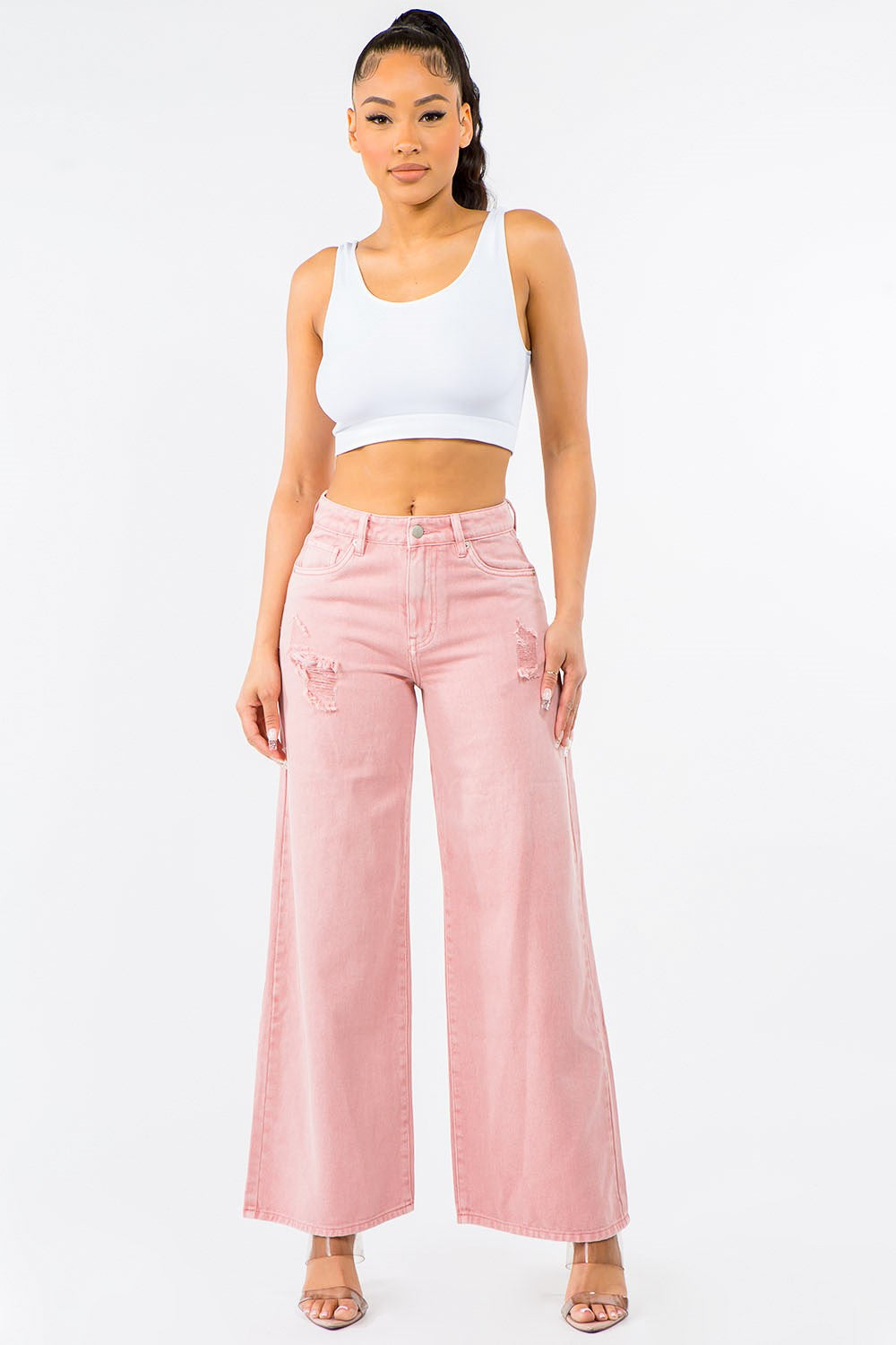 High Waist Distressed Wide Leg Jeans in Blush Pink – outfit idea for women | Ro + Ivy