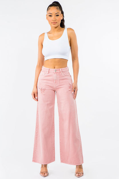 High Waist Distressed Wide Leg Jeans in Blush Pink – outfit idea for women | Ro + Ivy