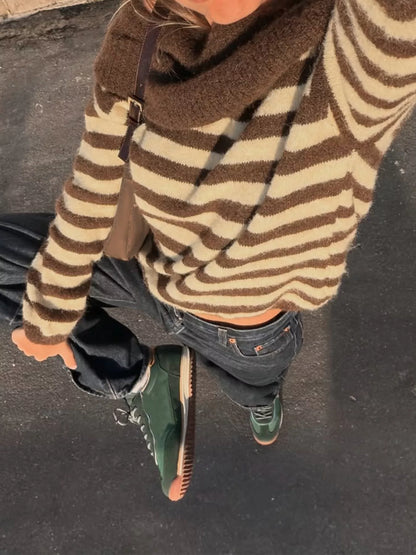 Off-Shoulder Striped Ribbed Knit Top with Long Sleeves