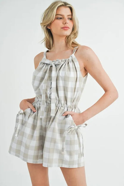 Plaid Sleeveless Button-Down Romper — Classic Versatile Modern Silhouette Casual Style - Lt Taupe Rompers