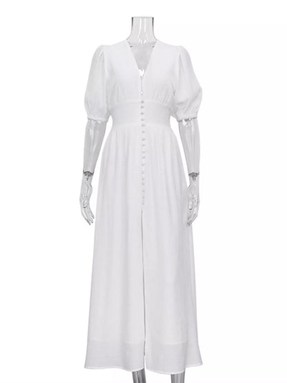 Women's Slit Puff Sleeve Maxi Dress - Maxi Dresses