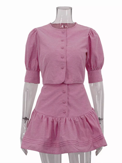 Women's Puff Sleeve Cropped Top and Ruffled Skirt Set - Matching Sets