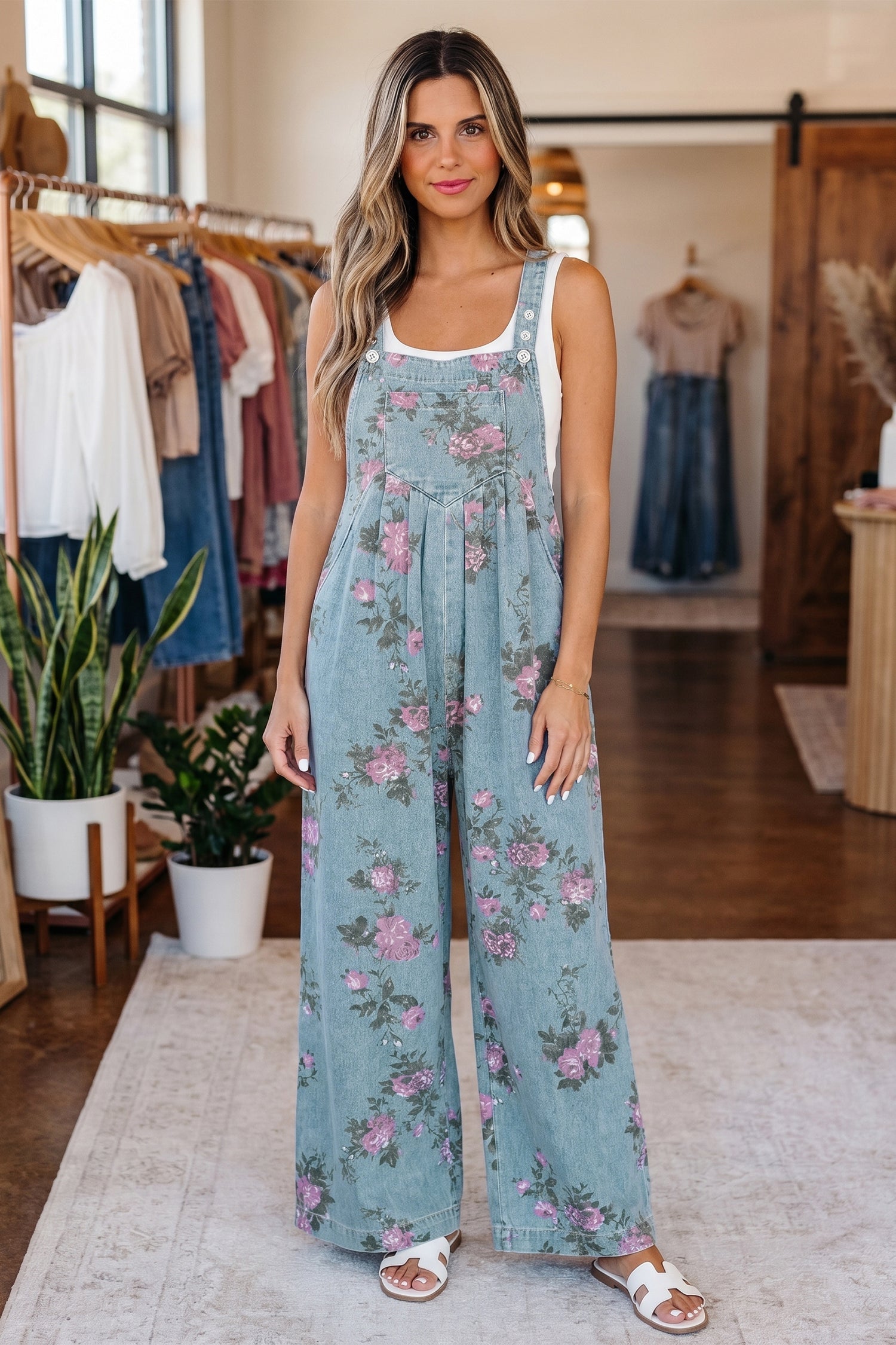 Floral Print Denim Wide Leg Adjustable Strap Jumpsuit — Boho Effortless Everyday Style - Beau Blue Jumpsuits & Rompers