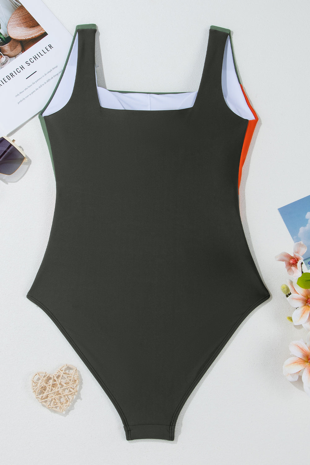 Colorblock Padded Square Neck One-Piece Swimsuit — Modern Silhouette Adjustable Strap Full Coverage - One-Piece Swimsuits