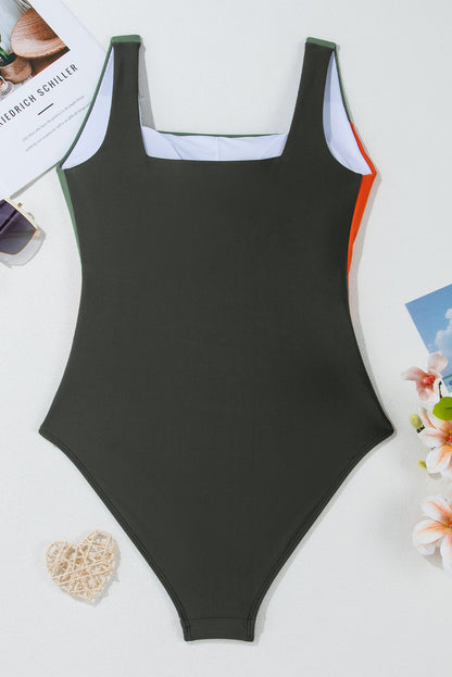 Colorblock Padded Square Neck One-Piece Swimsuit — Modern Silhouette Adjustable Strap Full Coverage - One-Piece Swimsuits