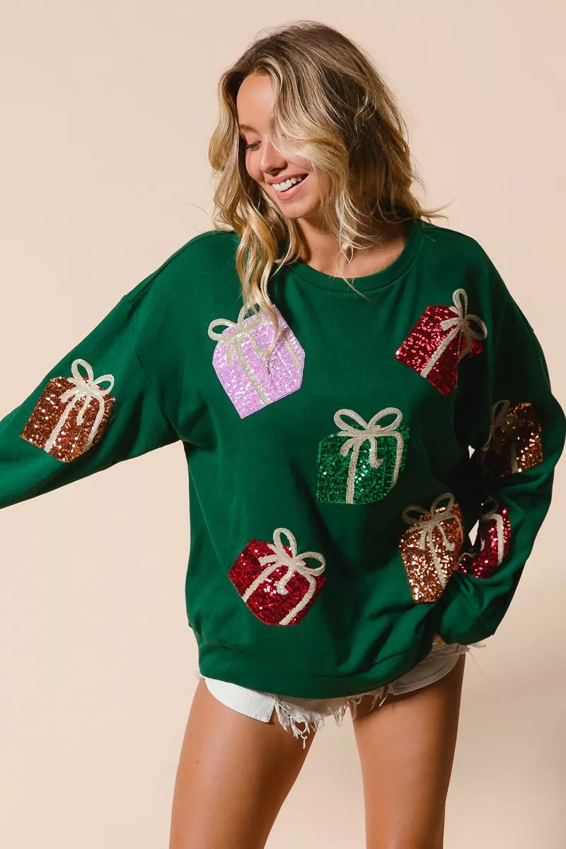 Sequins Gift Box Christmas Crewneck Sweater | Trendy Sweaters Outfit Idea for Women by Ro + Ivy | Elevated Basics, Modern Comfort & Style