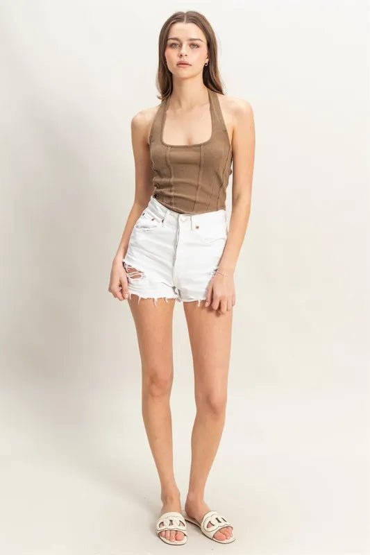 Mineral Wash Halter Neck Everyday Top - MOCHA Tops