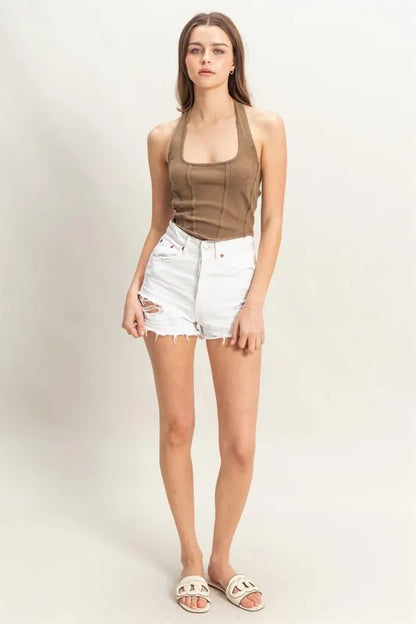 Mineral Wash Halter Neck Everyday Top - MOCHA Tops