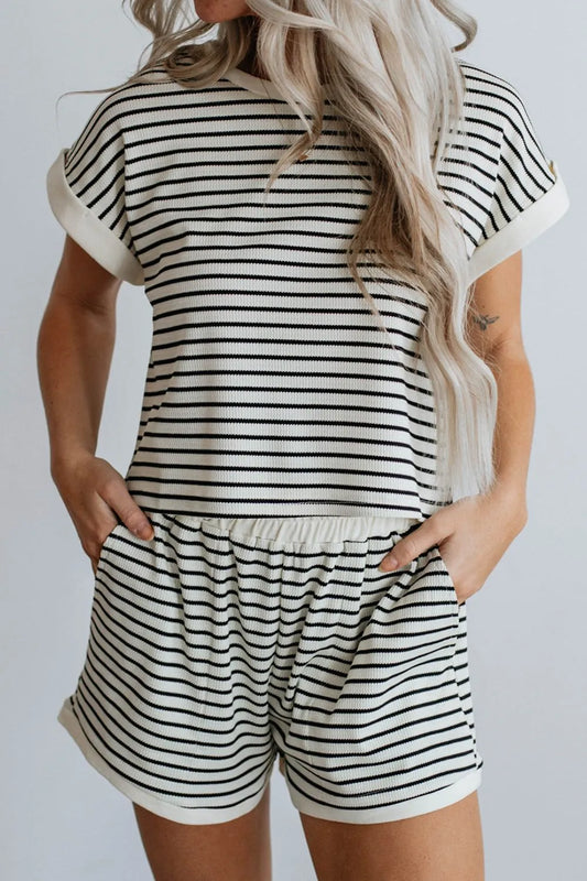 Women's Striped Contrast Top and Shorts Set Stripe