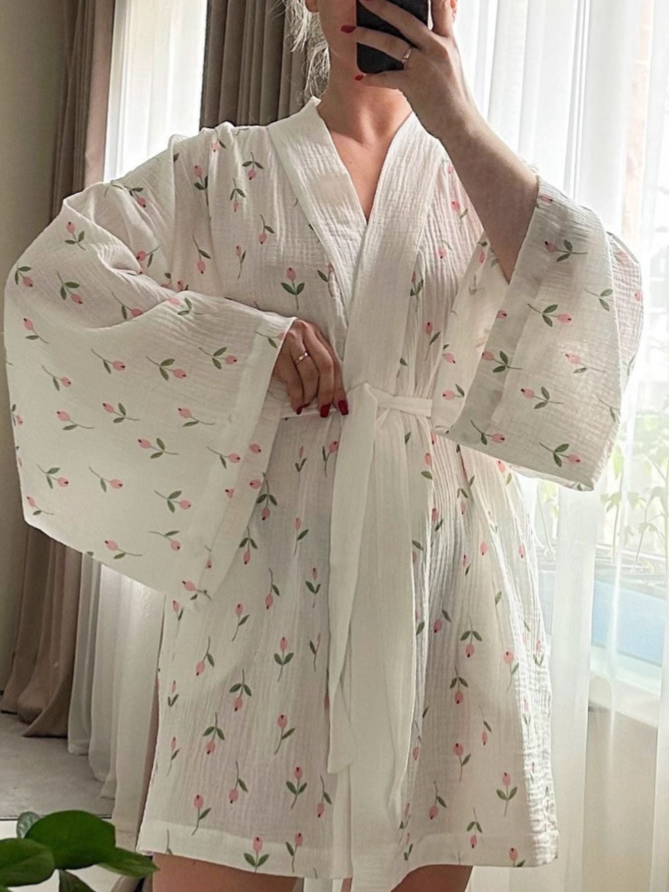 Floral Print Cotton Lightweight Kimono Robe - Robes