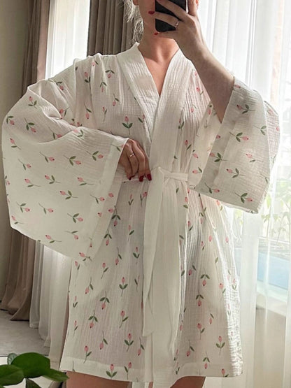 Floral Print Cotton Lightweight Kimono Robe - Robes