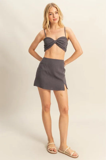 Ruched Bra Top And Mini Skirt Set – CHARCOAL outfit idea for women | Ro + Ivy