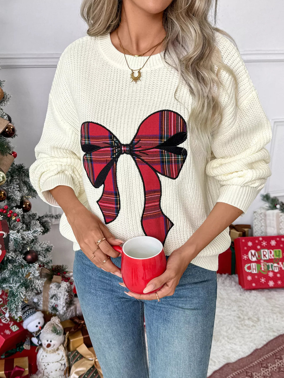 Christmas Bow Ribbed Drop-Shoulder Knit Sweater