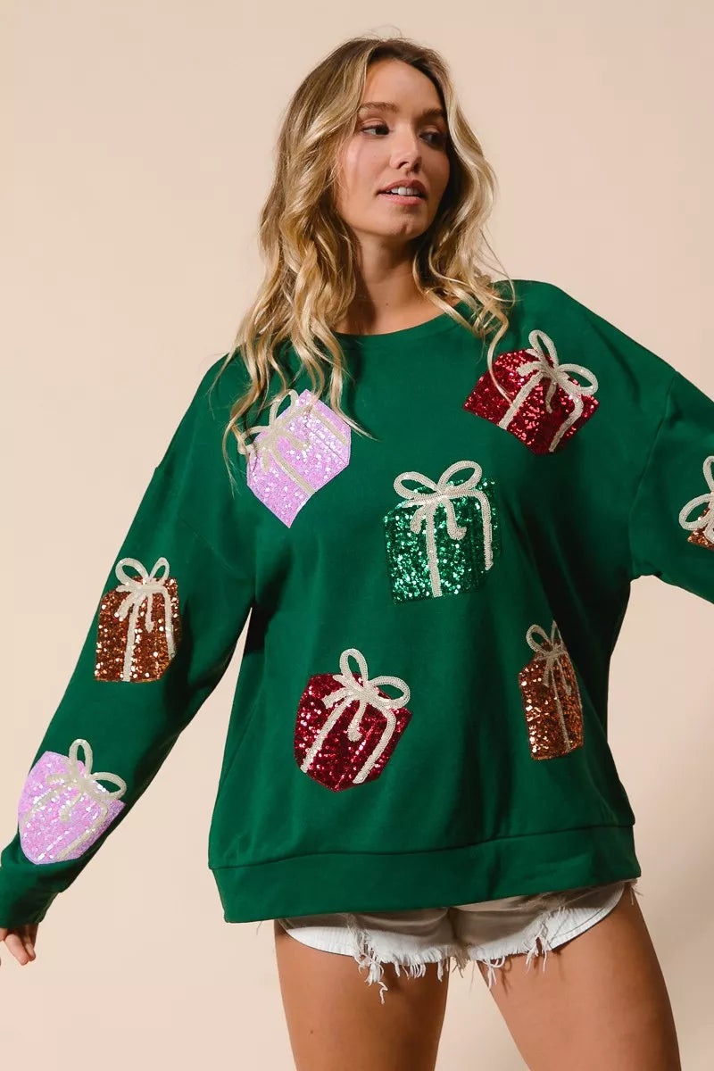 Sequins Gift Box Christmas Crewneck Sweater | Trendy Sweaters Outfit Idea for Women by Ro + Ivy | Elevated Basics, Modern Comfort & Style