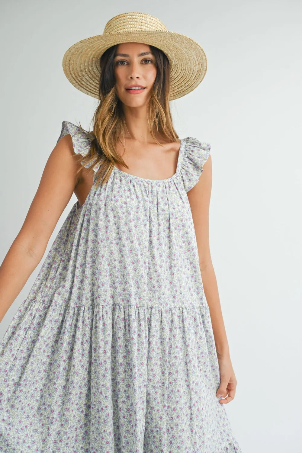 Floral Ruffle Shoulder Tiered Midi Dress - Midi Dresses