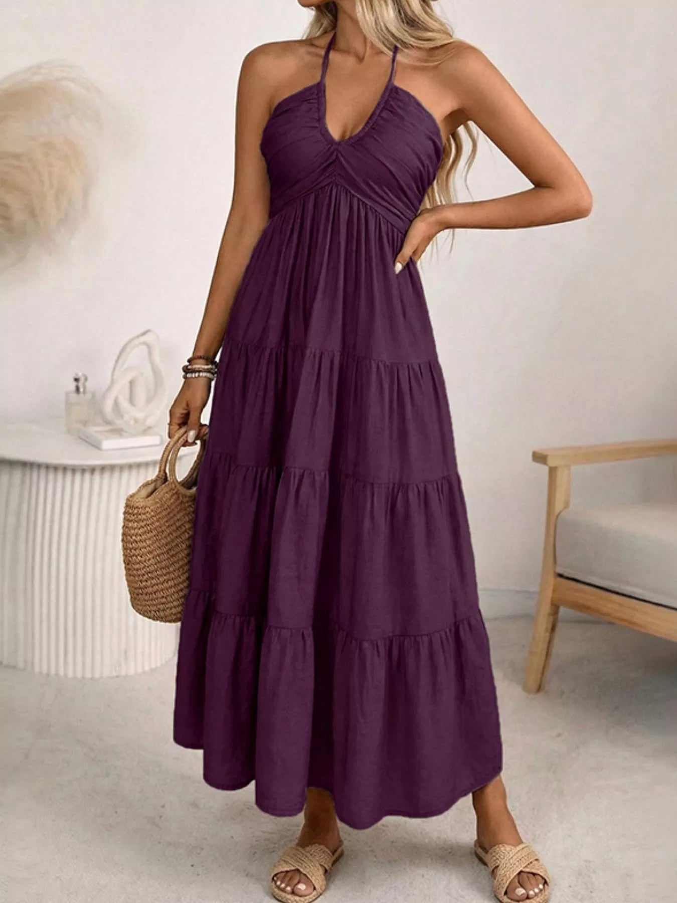Women's Flowy Halter Neck Tiered Midi Dress - Midi Dresses