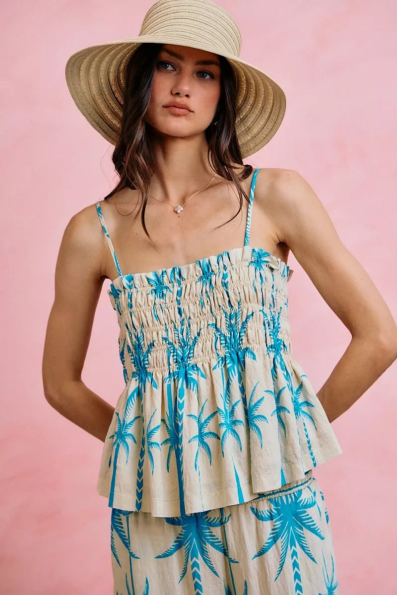 Women's Palm Tree Print Smocked Cami Top - BLUE Cami Tops