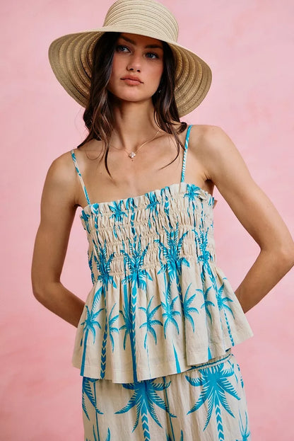 Women's Palm Tree Print Smocked Cami Top - BLUE Cami Tops