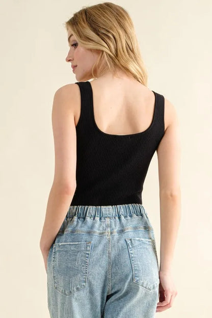 Ribbed Square Neck Tank Top Bodysuit - Bodysuits