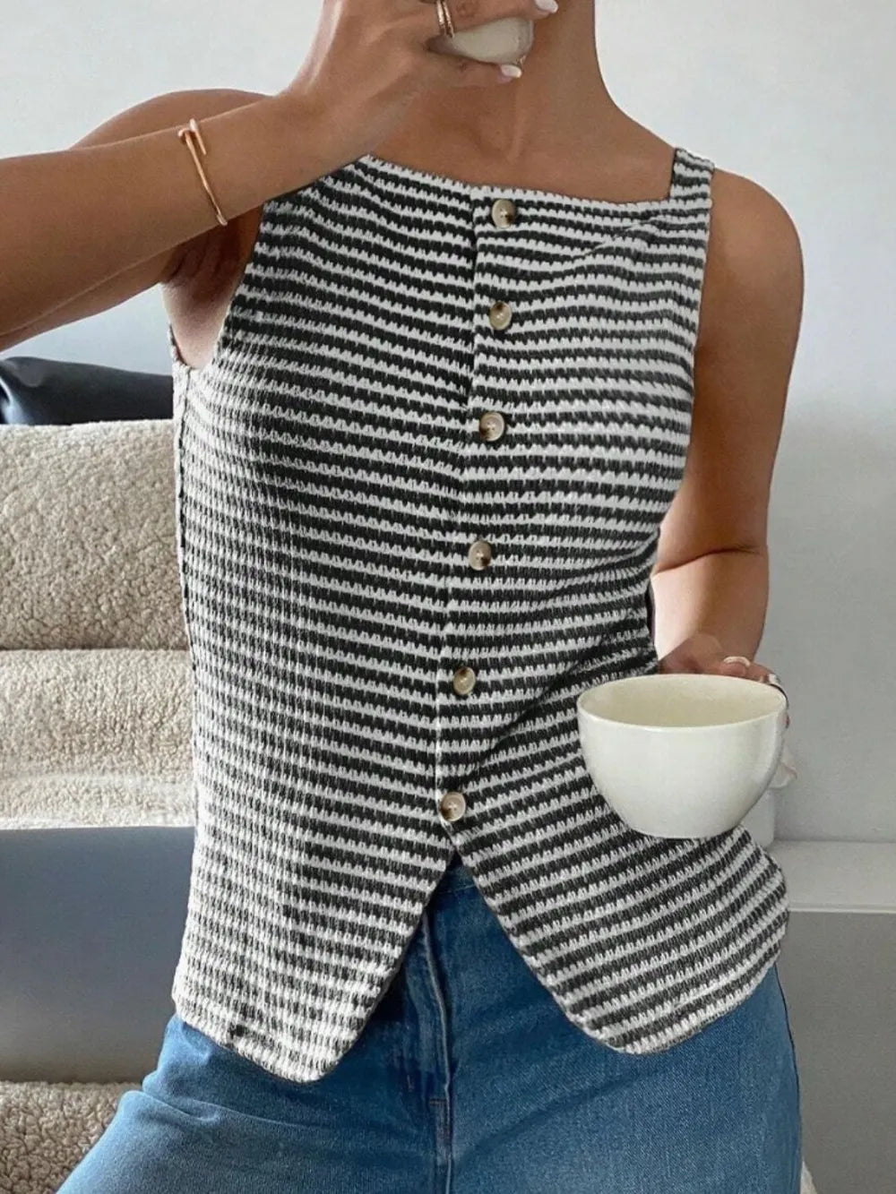 Women's Button Down Striped Tank Top - Tank Tops