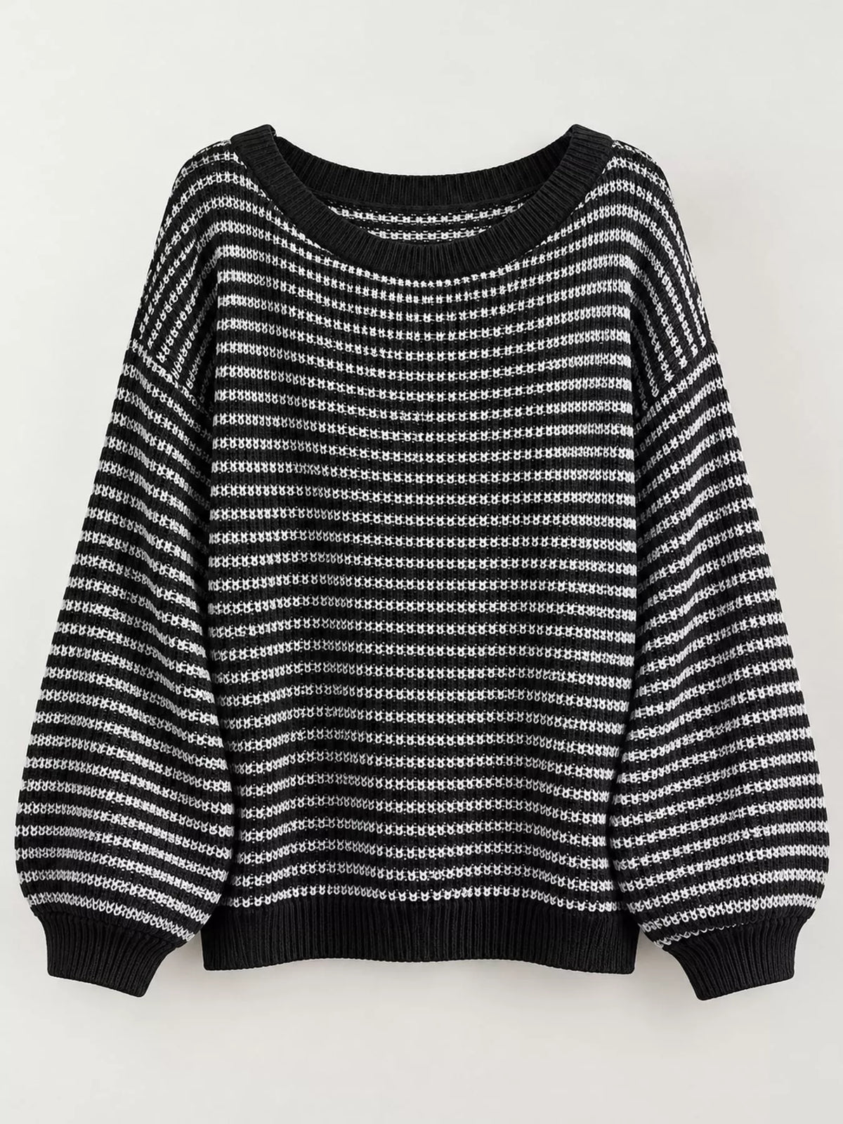Oversized Striped Ribbed Knit Sweater with Boat Neck