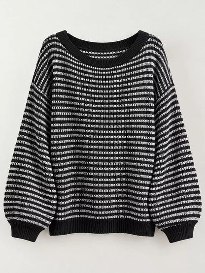 Oversized Striped Ribbed Knit Sweater with Boat Neck