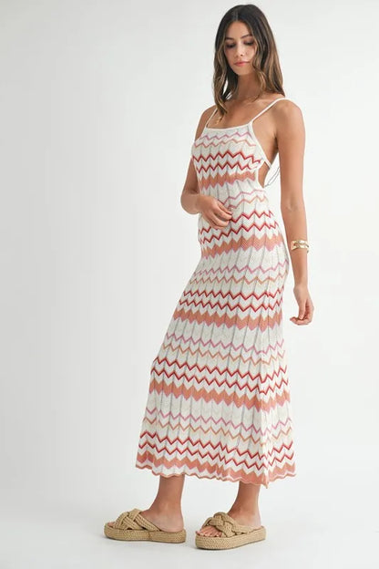 Lightweight Pointelle Chevron Knit Maxi Dress — Delicate Textured Flattering Everyday Style - Maxi Dresses