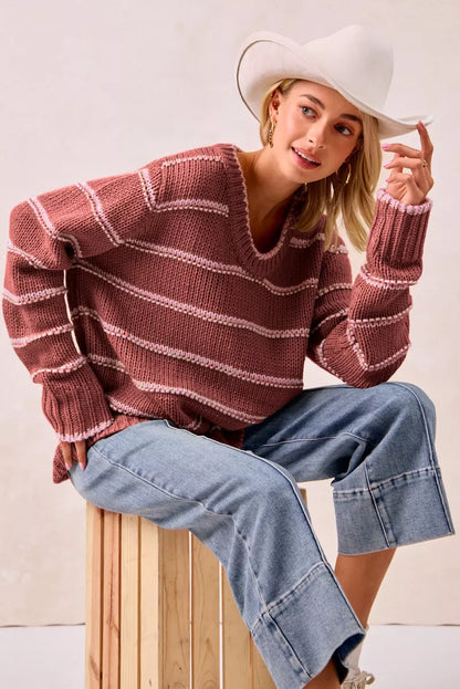 MARSALA Striped Long Sleeve Knit Sweater | Trendy Sweaters Outfit Idea for Women by Ro + Ivy | Elevated Basics, Modern Comfort & Style