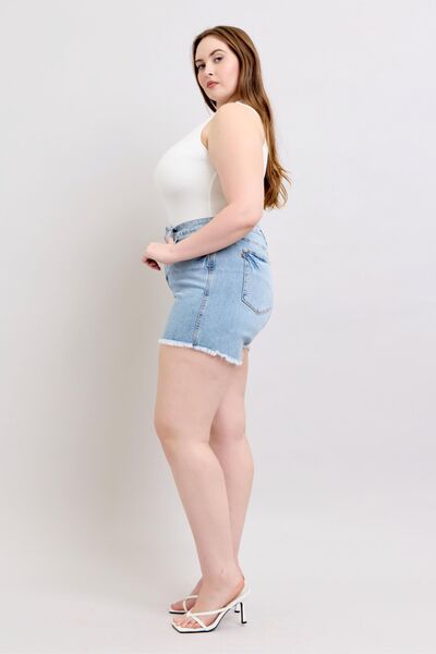 Full Size Tummy Control Raw Hem Denim Shorts Plus Size - Ro + Ivy