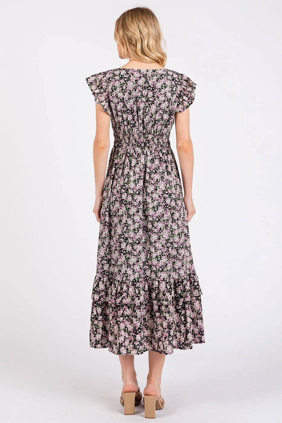 Flower Print Ruffle Cap Sleeve V-Neck Midi Dress in Black – outfit idea for women | Ro + Ivy