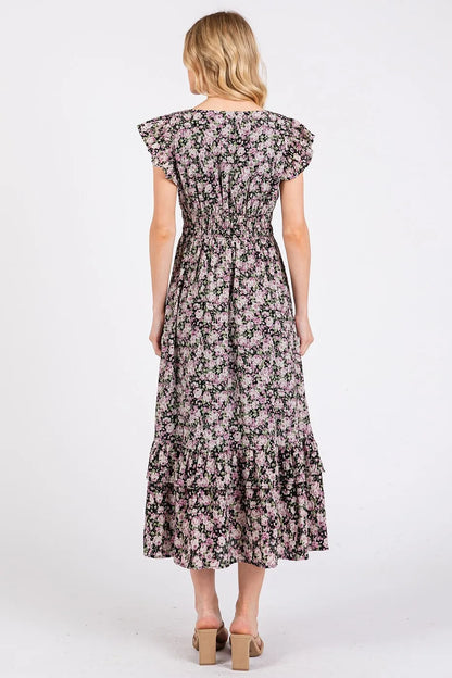 Flower Print Ruffle Cap Sleeve V-Neck Midi Dress in Black – outfit idea for women | Ro + Ivy