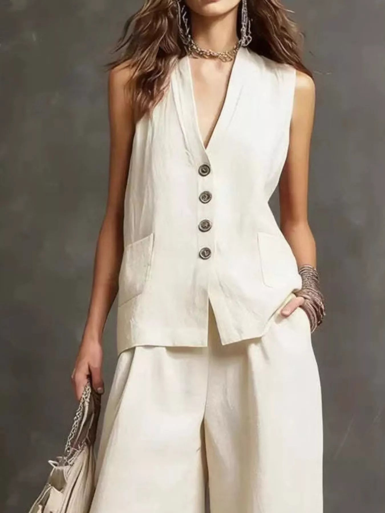 Women's Flowy Sleeveless Vest and Wide Leg Pants Set - Matching Sets
