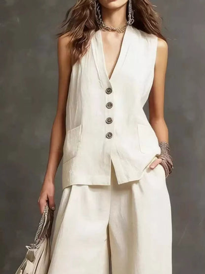 Women's Flowy Sleeveless Vest and Wide Leg Pants Set - Matching Sets