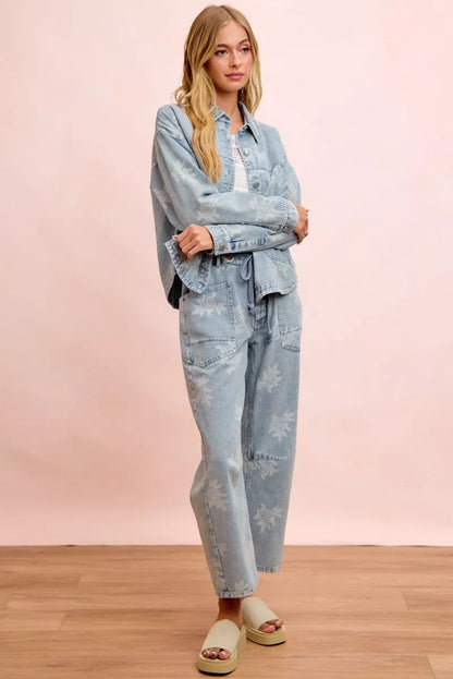 Women's Printed Washed Denim Jacket with Pocket - Jackets