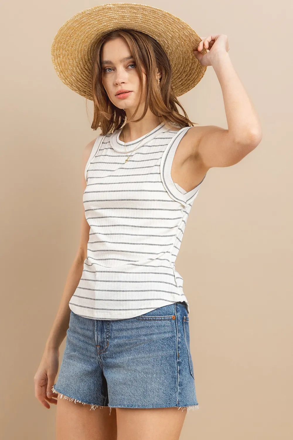 100% Cotton Striped Round Neck Tank Top - Tank Tops