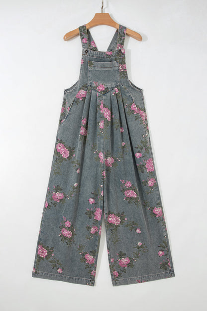 Floral Pleated High Waist Washed Denim Wide Leg Overalls — Retro Vintage Everyday Style - Bottoms/Jumpsuits & Rompers