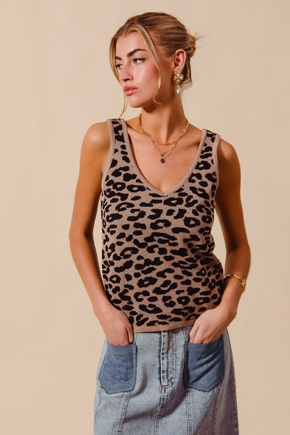 Leopard Knitted Lightweight V Neck Tank Top - Tank Tops