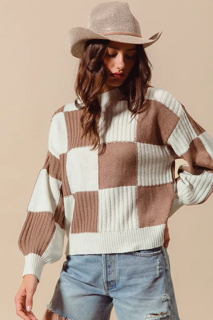 Ribbed Color Block Checkered Plaid Sweater - Sweaters