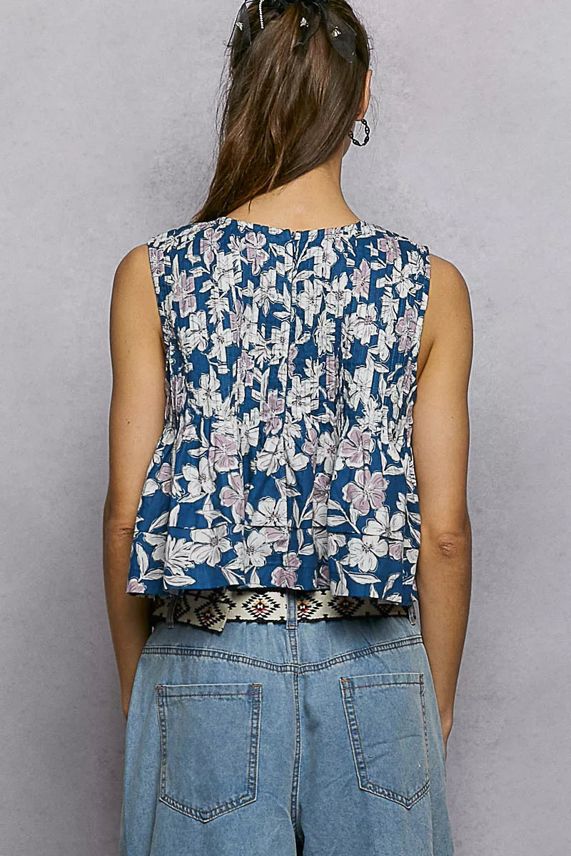 Floral Round Neck Cropped Pintuck Tank - Tank Tops