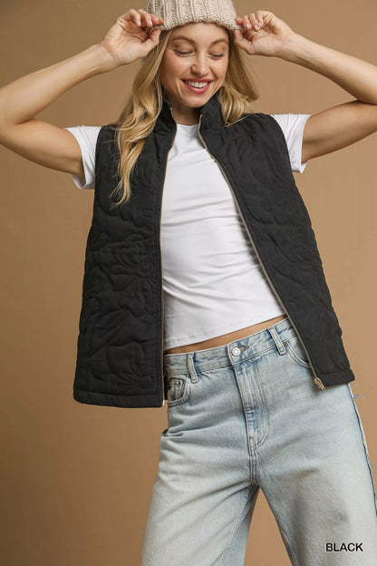 Black Quilted Floral Zip Up Embroidered Sleeveless Vest With Pockets | Trendy Vests Outfit Idea for Women by Ro + Ivy | Elevated Basics, Modern Comfort & Style