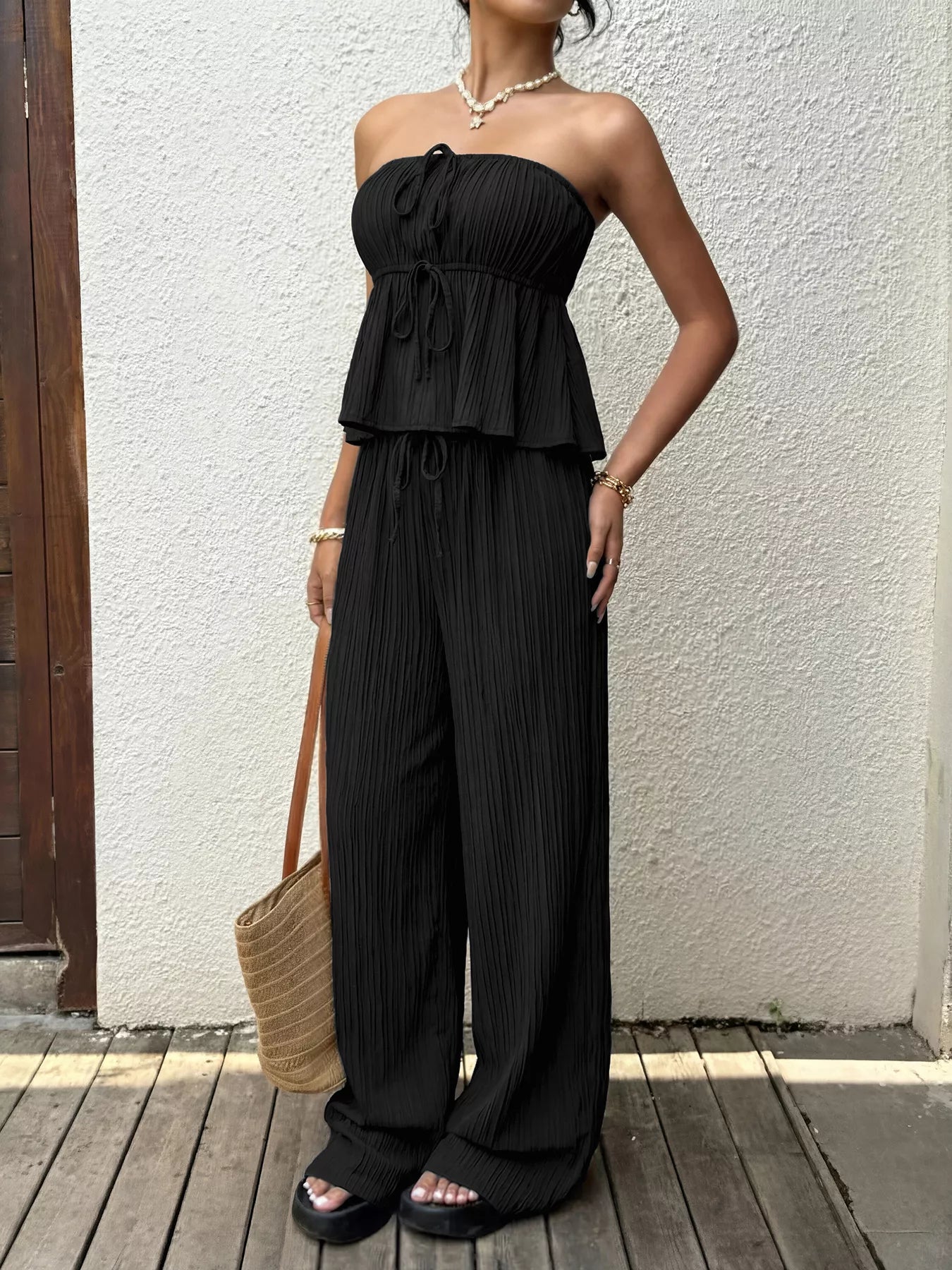 Women's Tube Top and Wide Leg Pants Set - Matching Sets