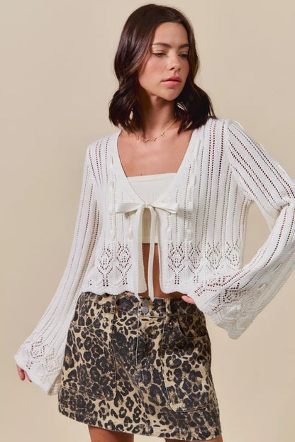 Textured Knit Open Front Ribbon Tie Cardigan — Soft Feminine Relaxed Layering Style - Off White Cardigans